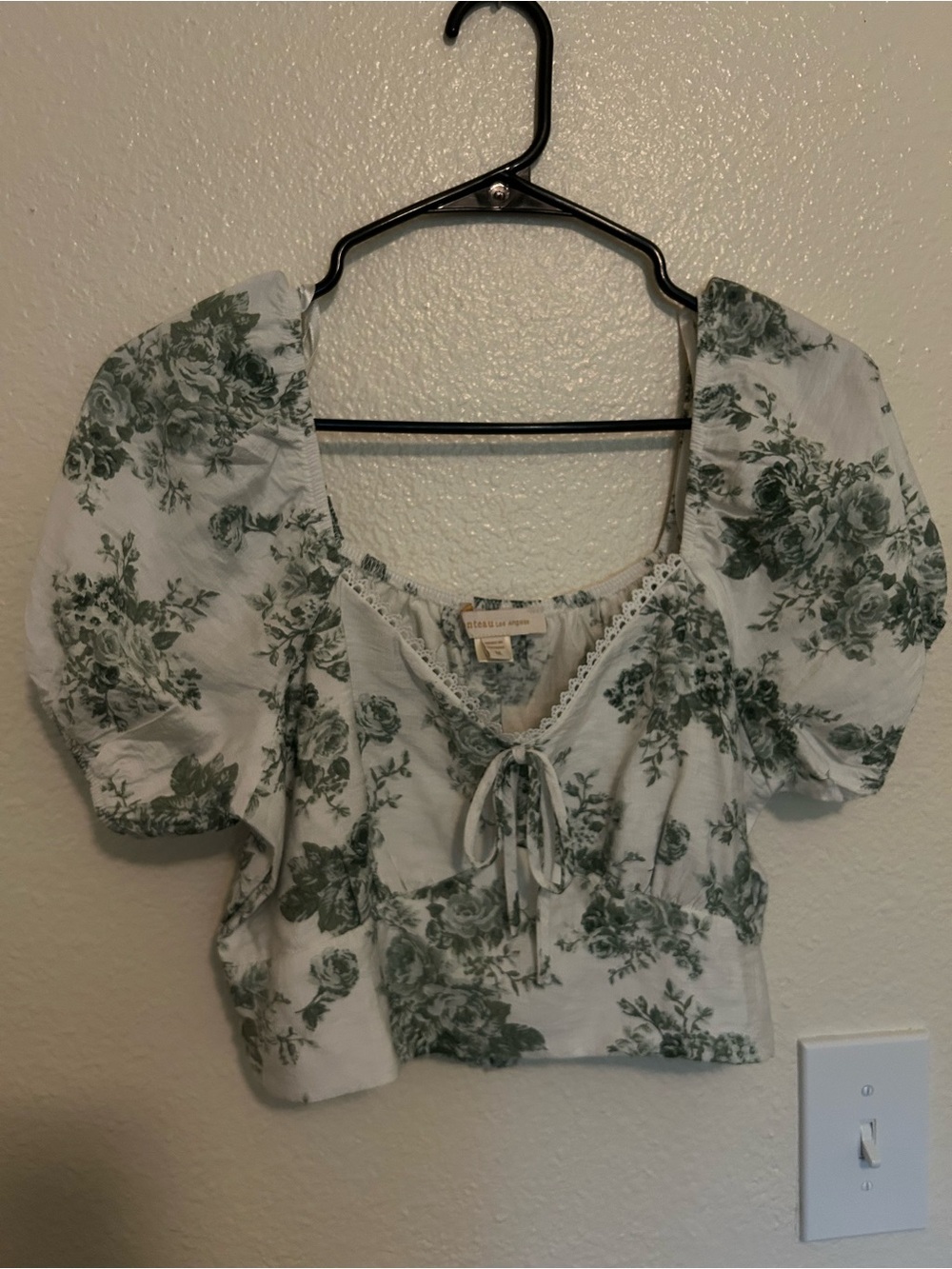 Monteau White Crop Top with Green Floral Print